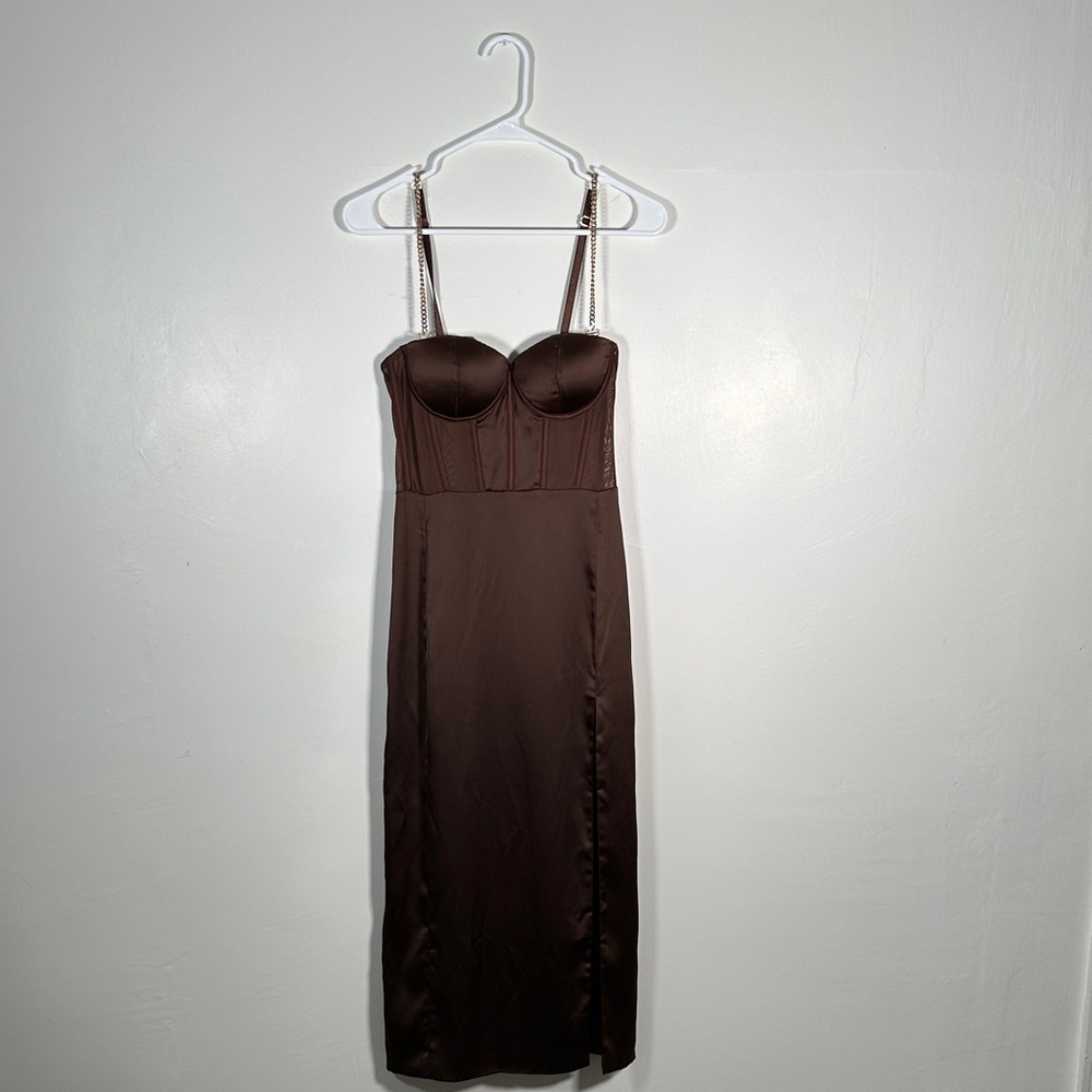 Meshki Brown Satin Corset Dress Bodycon Midi Thigh Slit Sexy Night Out Size M - Picture 10 of 16